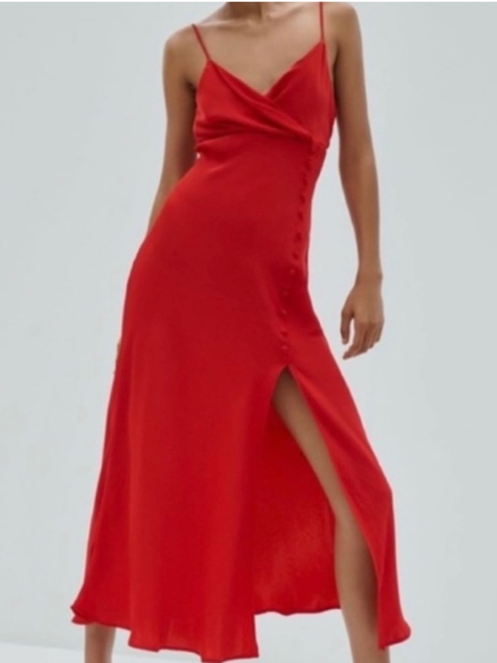 Zara Red Satin Slip Dress with Button Detail M